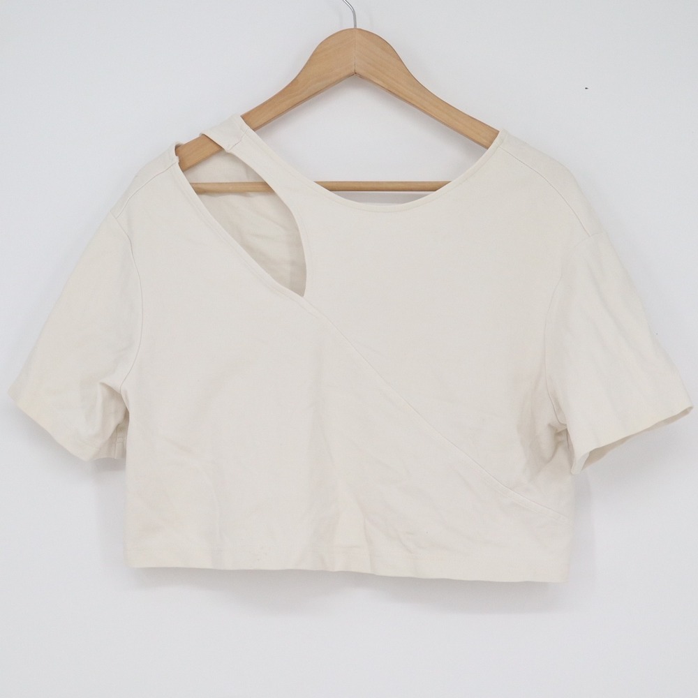 Izzue Cream Asymmetric Cutout Crop Top Short Sleeve Minimalist Size S